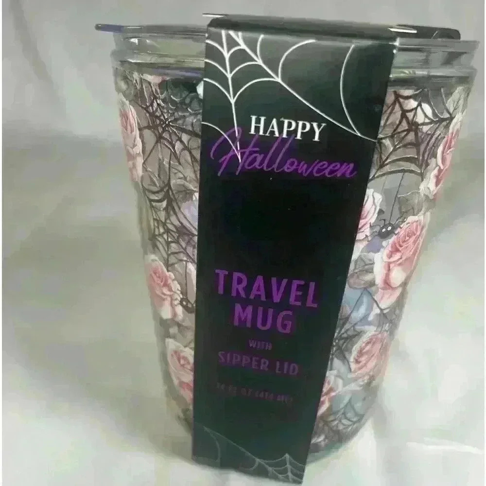 Glass Halloween travel sipper lid mug with pink roses cob webs little spiders - Picture 5 of 6